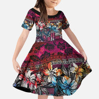 Pacific Hibiscus Tapa Tribal Vintage Kid Short Sleeve Dress Pink Motif LT9 KID Pink - Polynesian Pride
