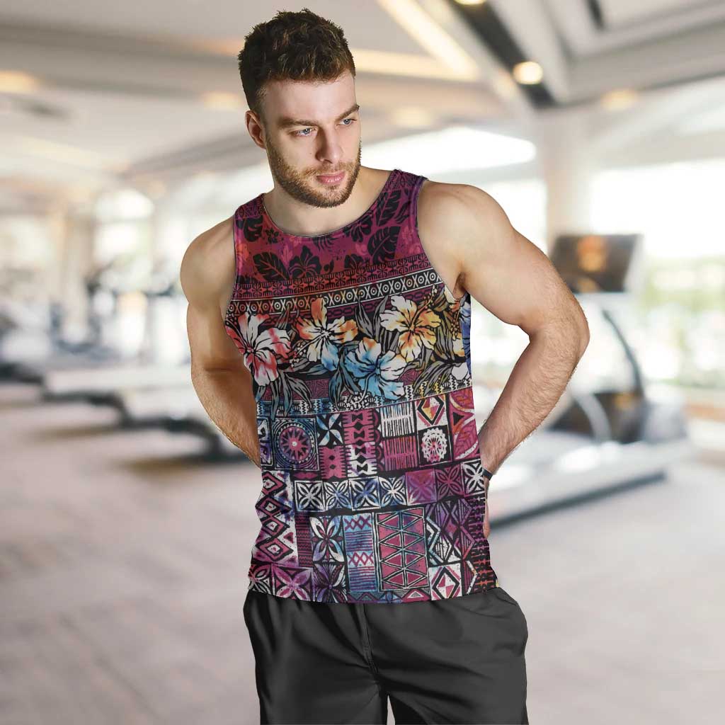 Pacific Hibiscus Tapa Tribal Vintage Men Tank Top Pink Motif LT9 Pink - Polynesian Pride