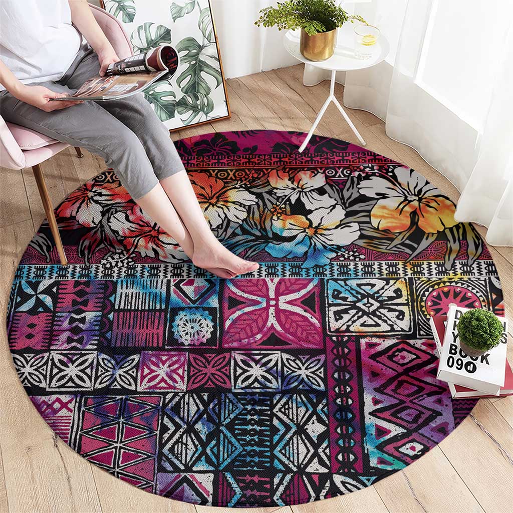 Pacific Hibiscus Tapa Tribal Vintage Round Carpet Pink Motif LT9 - Polynesian Pride
