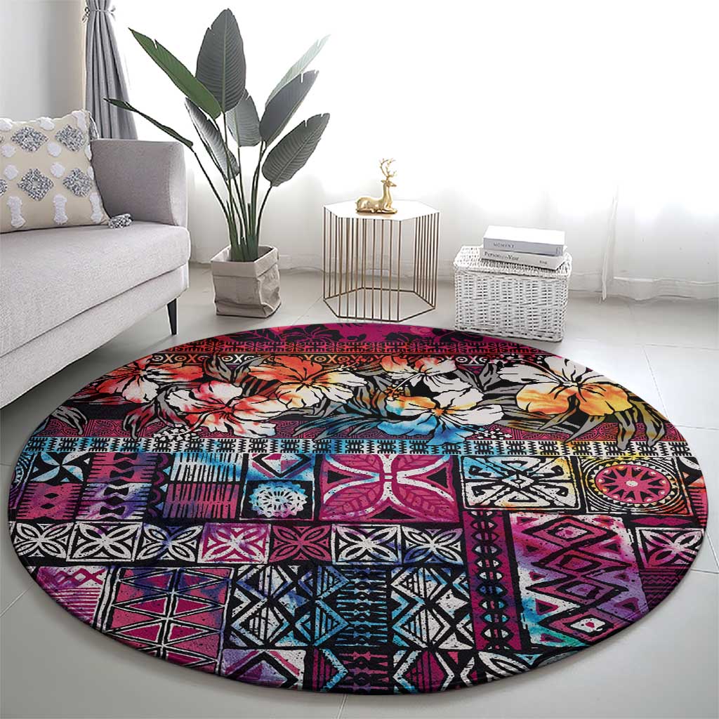 Pacific Hibiscus Tapa Tribal Vintage Round Carpet Pink Motif LT9 - Polynesian Pride