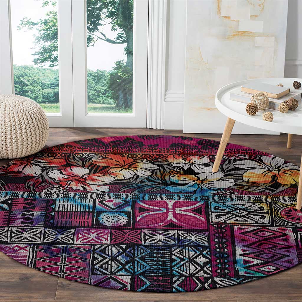 Pacific Hibiscus Tapa Tribal Vintage Round Carpet Pink Motif LT9 - Polynesian Pride