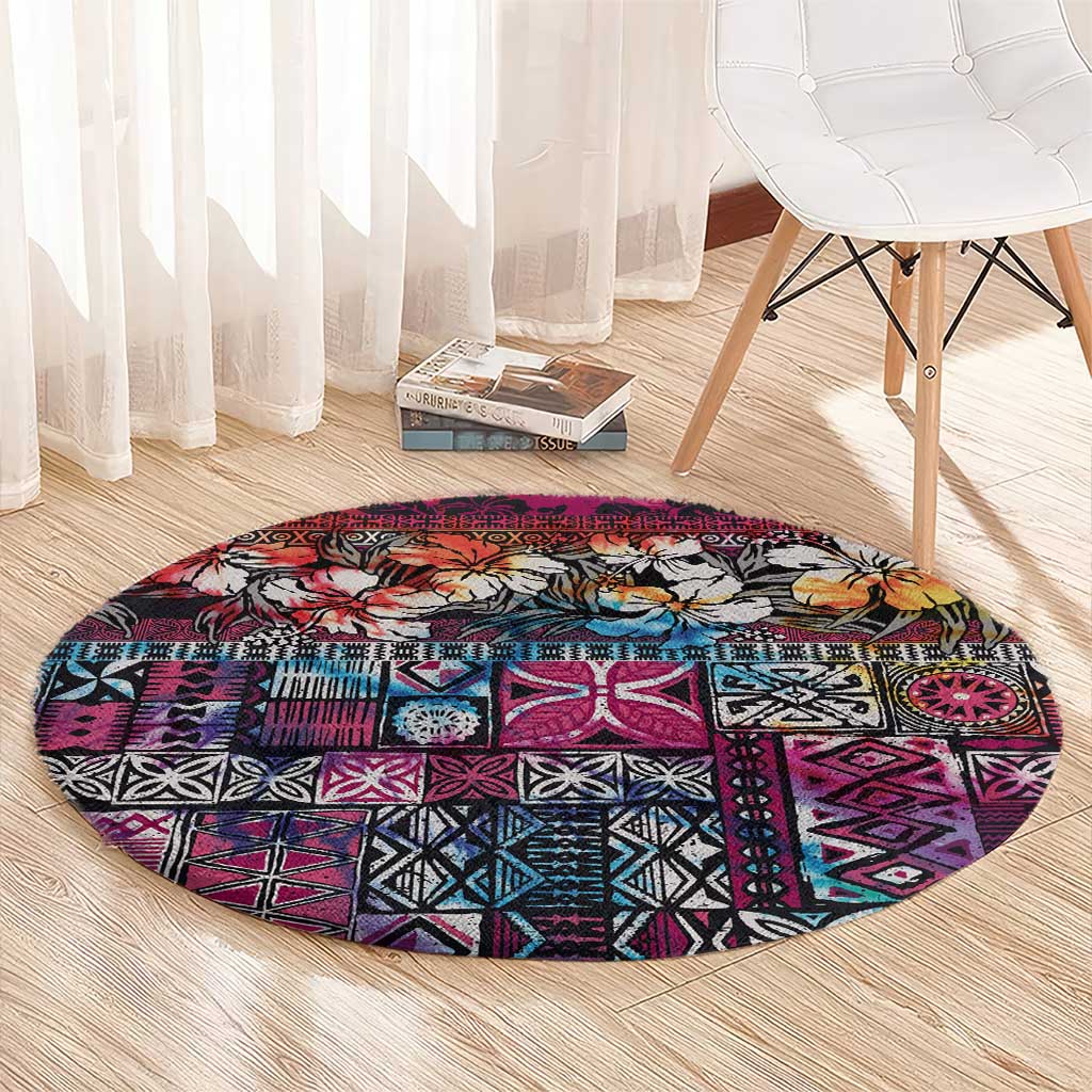 Pacific Hibiscus Tapa Tribal Vintage Round Carpet Pink Motif LT9 - Polynesian Pride