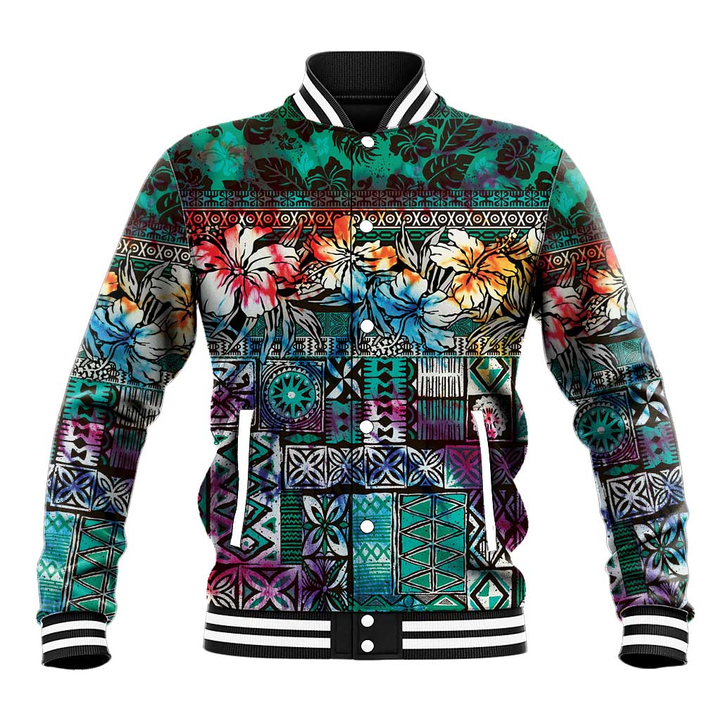 Pacific Hibiscus Tapa Tribal Vintage Baseball Jacket Turquoise Motif LT9 Unisex Turquoise - Polynesian Pride