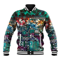 Pacific Hibiscus Tapa Tribal Vintage Baseball Jacket Turquoise Motif LT9 Unisex Turquoise - Polynesian Pride