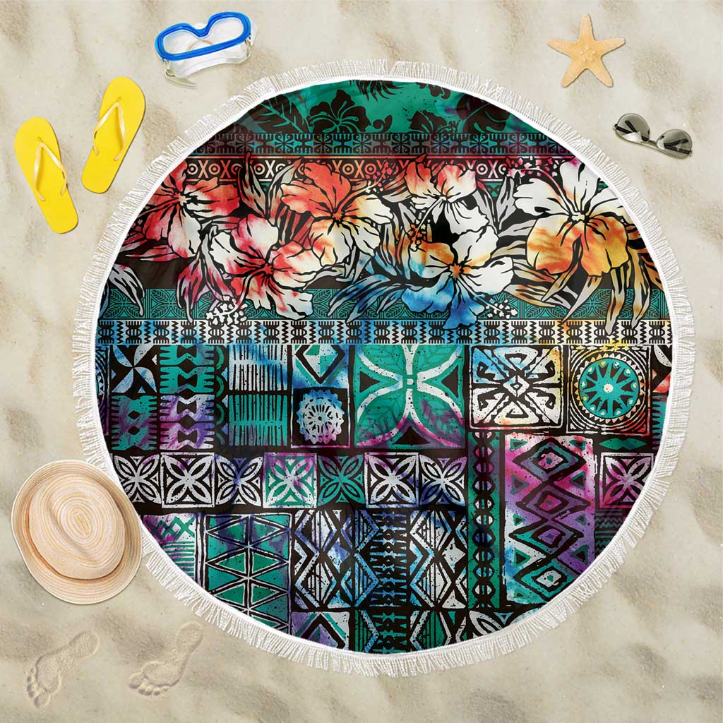 Pacific Hibiscus Tapa Tribal Vintage Beach Blanket Turquoise Motif LT9 One Size 150cm Turquoise - Polynesian Pride