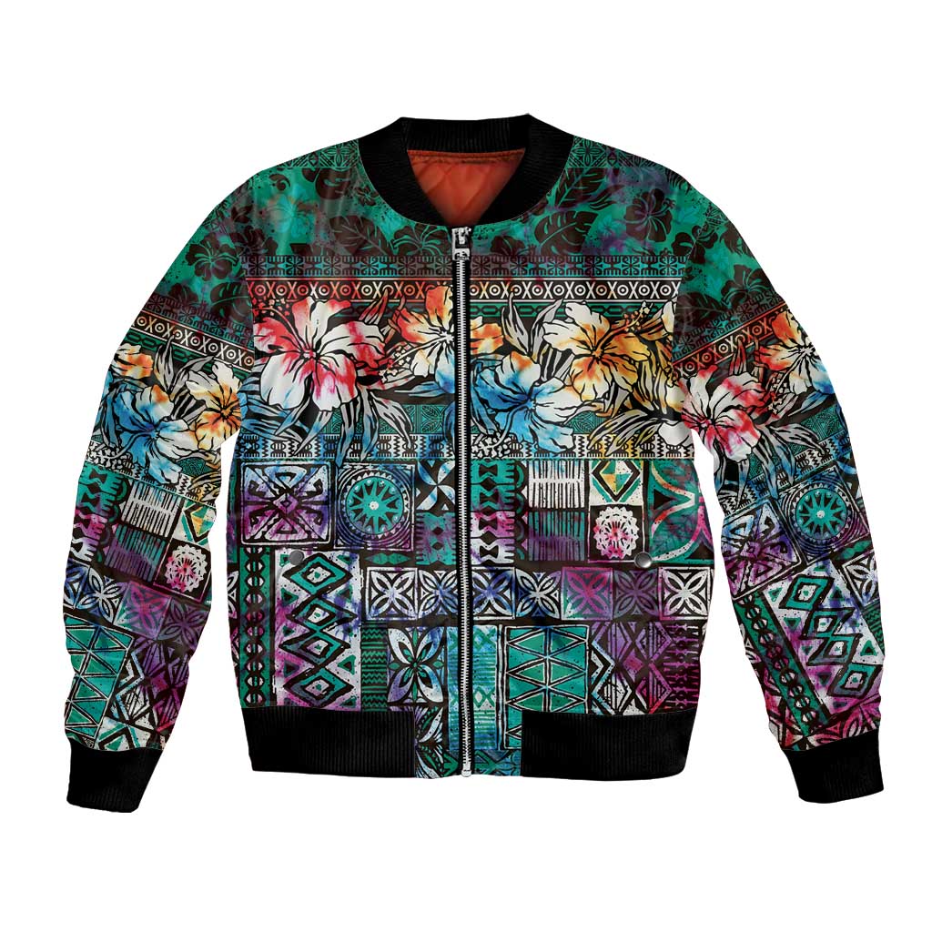 Pacific Hibiscus Tapa Tribal Vintage Bomber Jacket Turquoise Motif LT9 Unisex Turquoise - Polynesian Pride