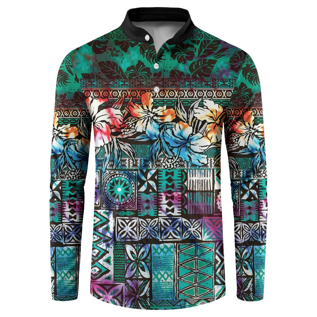 Pacific Hibiscus Tapa Tribal Vintage Button Sweatshirt Turquoise Motif LT9 Turquoise - Polynesian Pride
