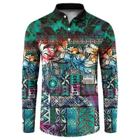 Pacific Hibiscus Tapa Tribal Vintage Button Sweatshirt Turquoise Motif LT9 Turquoise - Polynesian Pride