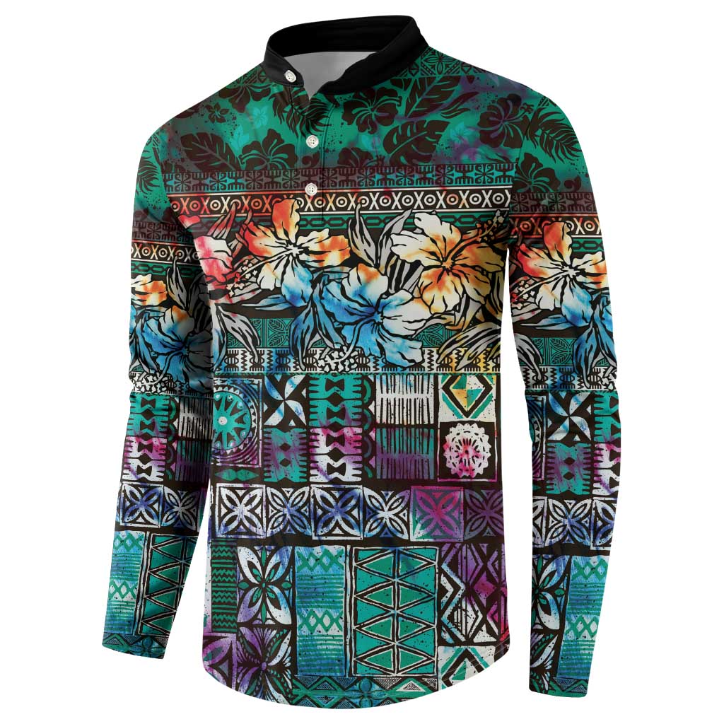 Pacific Hibiscus Tapa Tribal Vintage Button Sweatshirt Turquoise Motif LT9 - Polynesian Pride