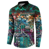 Pacific Hibiscus Tapa Tribal Vintage Button Sweatshirt Turquoise Motif LT9 - Polynesian Pride