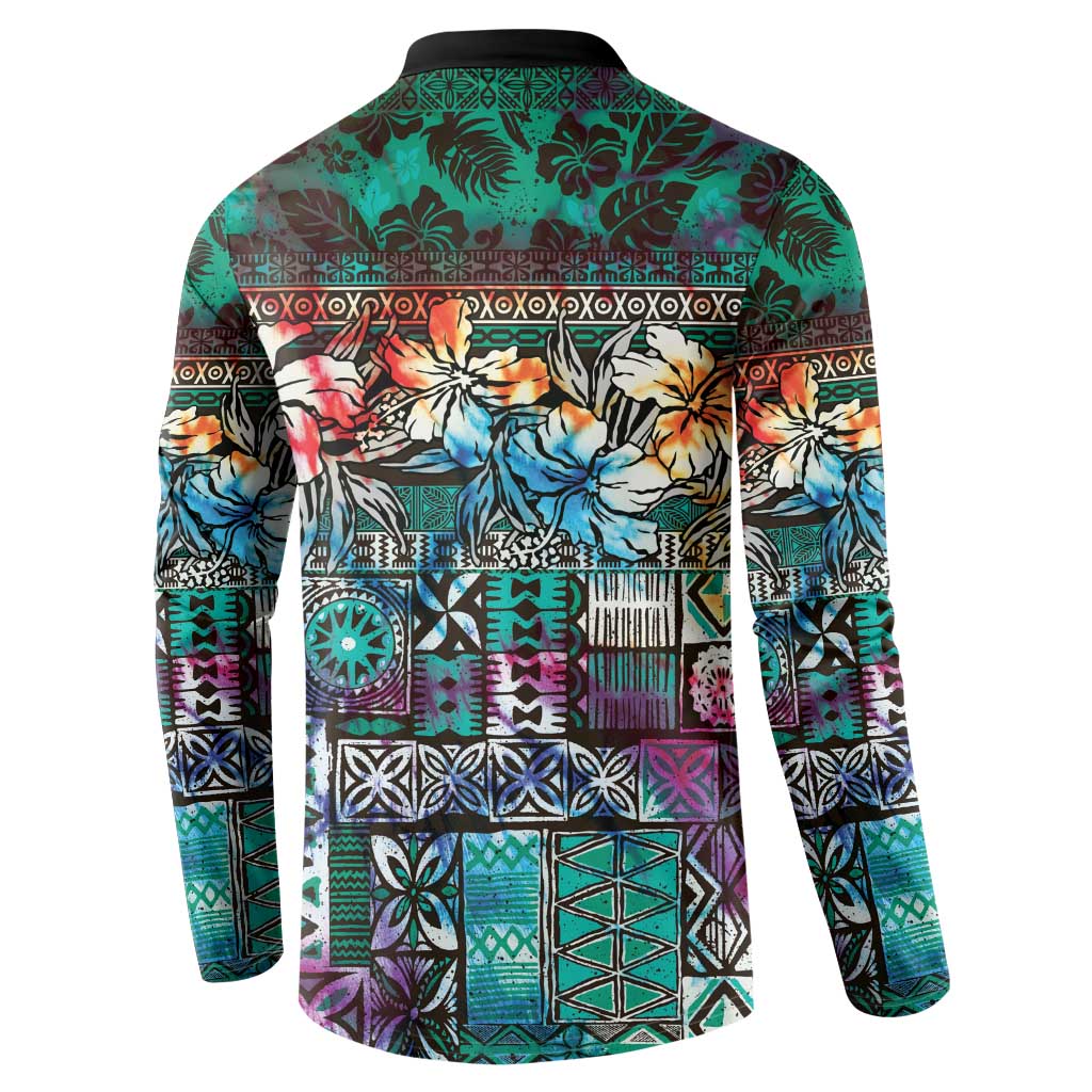 Pacific Hibiscus Tapa Tribal Vintage Button Sweatshirt Turquoise Motif LT9 - Polynesian Pride