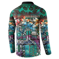 Pacific Hibiscus Tapa Tribal Vintage Button Sweatshirt Turquoise Motif LT9 - Polynesian Pride