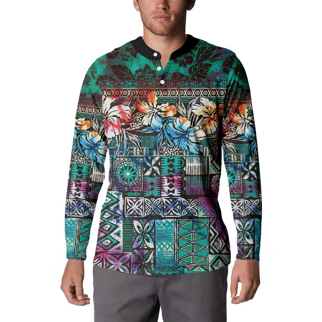 Pacific Hibiscus Tapa Tribal Vintage Button Sweatshirt Turquoise Motif LT9 - Polynesian Pride