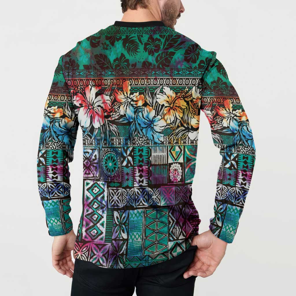 Pacific Hibiscus Tapa Tribal Vintage Button Sweatshirt Turquoise Motif LT9 - Polynesian Pride