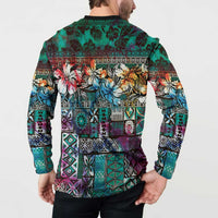 Pacific Hibiscus Tapa Tribal Vintage Button Sweatshirt Turquoise Motif LT9 - Polynesian Pride