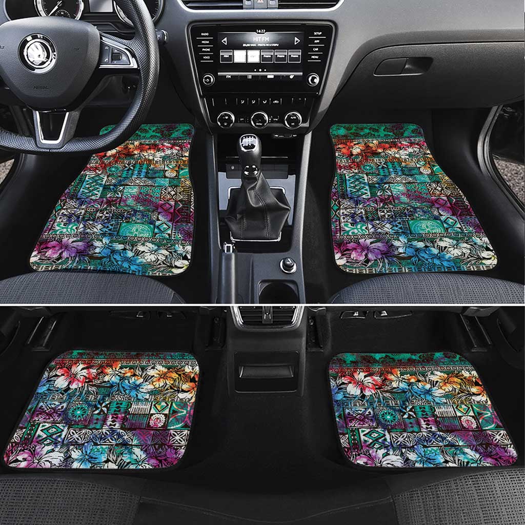 Pacific Hibiscus Tapa Tribal Vintage Car Mats Turquoise Motif LT9 Set 4pcs Turquoise - Polynesian Pride