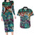 Pacific Hibiscus Tapa Tribal Vintage Couples Matching Long Sleeve Bodycon Dress and Hawaiian Shirt Turquoise Motif