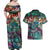 Pacific Hibiscus Tapa Tribal Vintage Couples Matching Off Shoulder Maxi Dress and Hawaiian Shirt Turquoise Motif