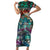 Pacific Hibiscus Tapa Tribal Vintage Family Matching Short Sleeve Bodycon Dress and Hawaiian Shirt Turquoise Motif