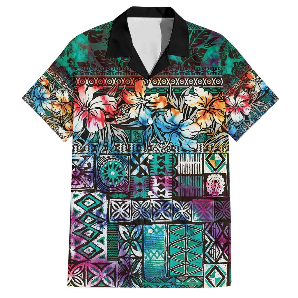 Pacific Hibiscus Tapa Tribal Vintage Hawaiian Shirt Turquoise Motif LT9 Turquoise - Polynesian Pride