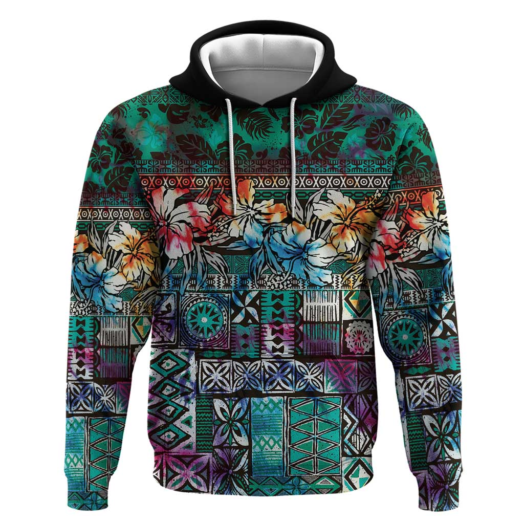 Pacific Hibiscus Tapa Tribal Vintage Hoodie Turquoise Motif LT9 Pullover Hoodie Turquoise - Polynesian Pride