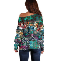 Pacific Hibiscus Tapa Tribal Vintage Off Shoulder Sweater Turquoise Motif LT9 - Polynesian Pride