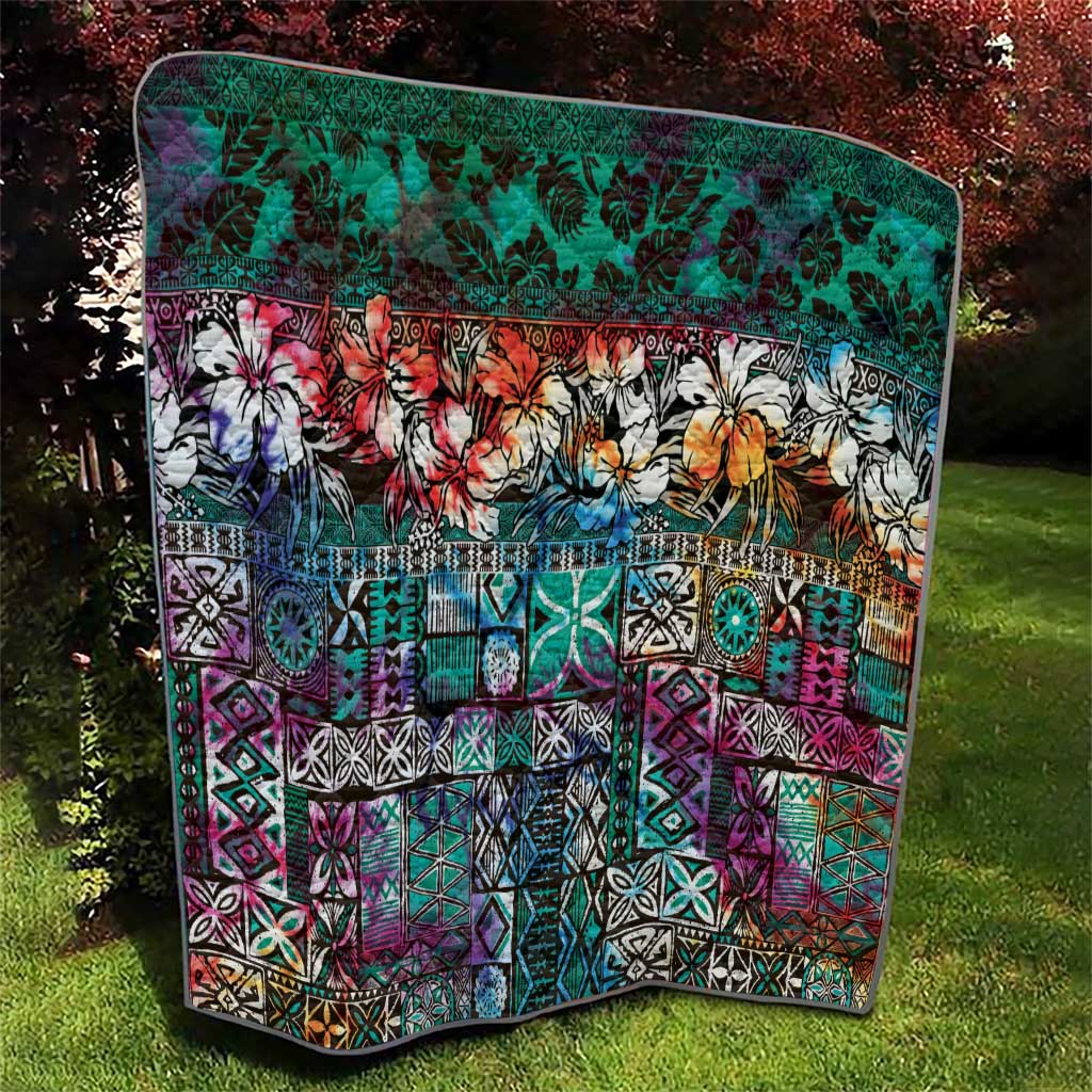 Pacific Hibiscus Tapa Tribal Vintage Quilt Turquoise Motif LT9 - Polynesian Pride