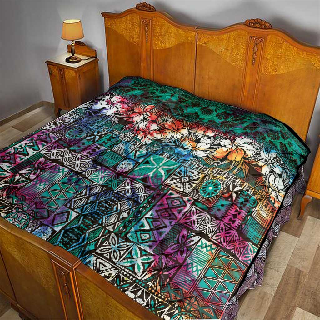 Pacific Hibiscus Tapa Tribal Vintage Quilt Turquoise Motif LT9 - Polynesian Pride