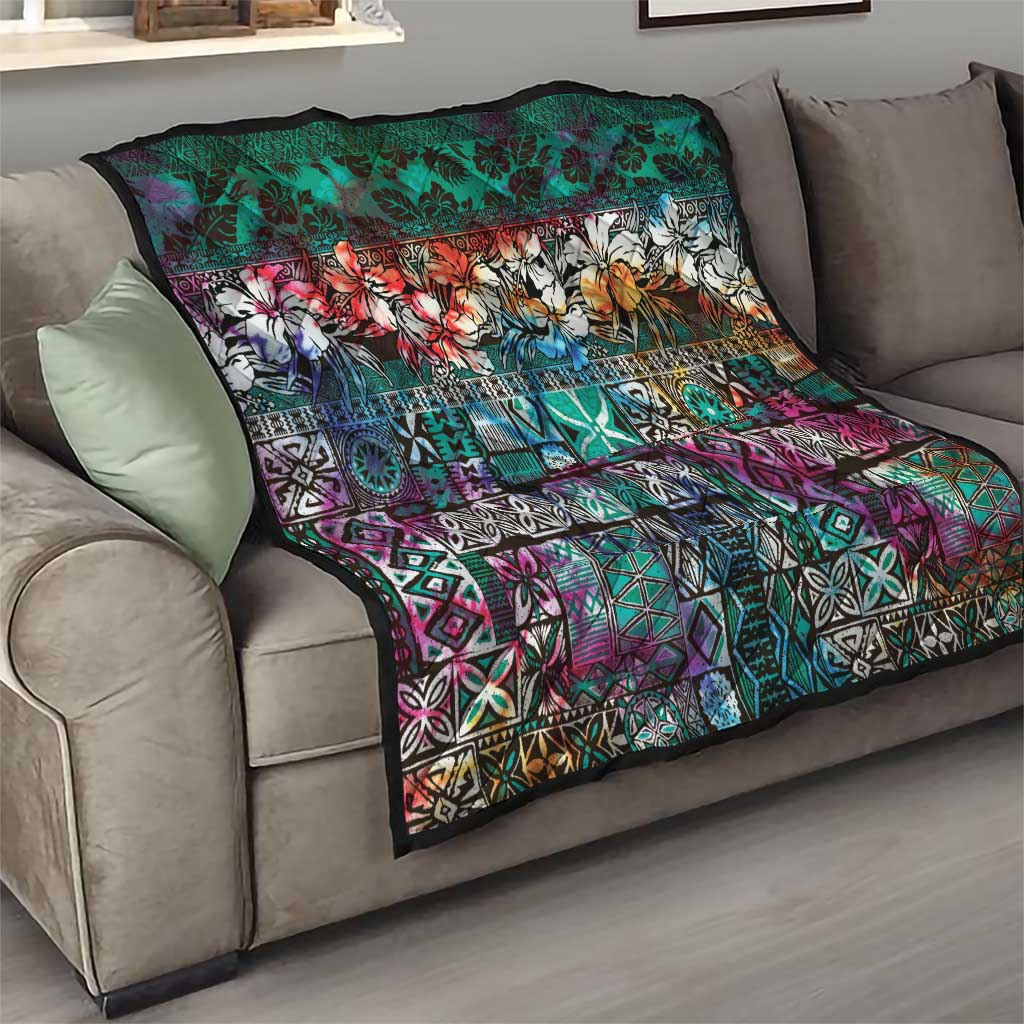 Pacific Hibiscus Tapa Tribal Vintage Quilt Turquoise Motif LT9 - Polynesian Pride
