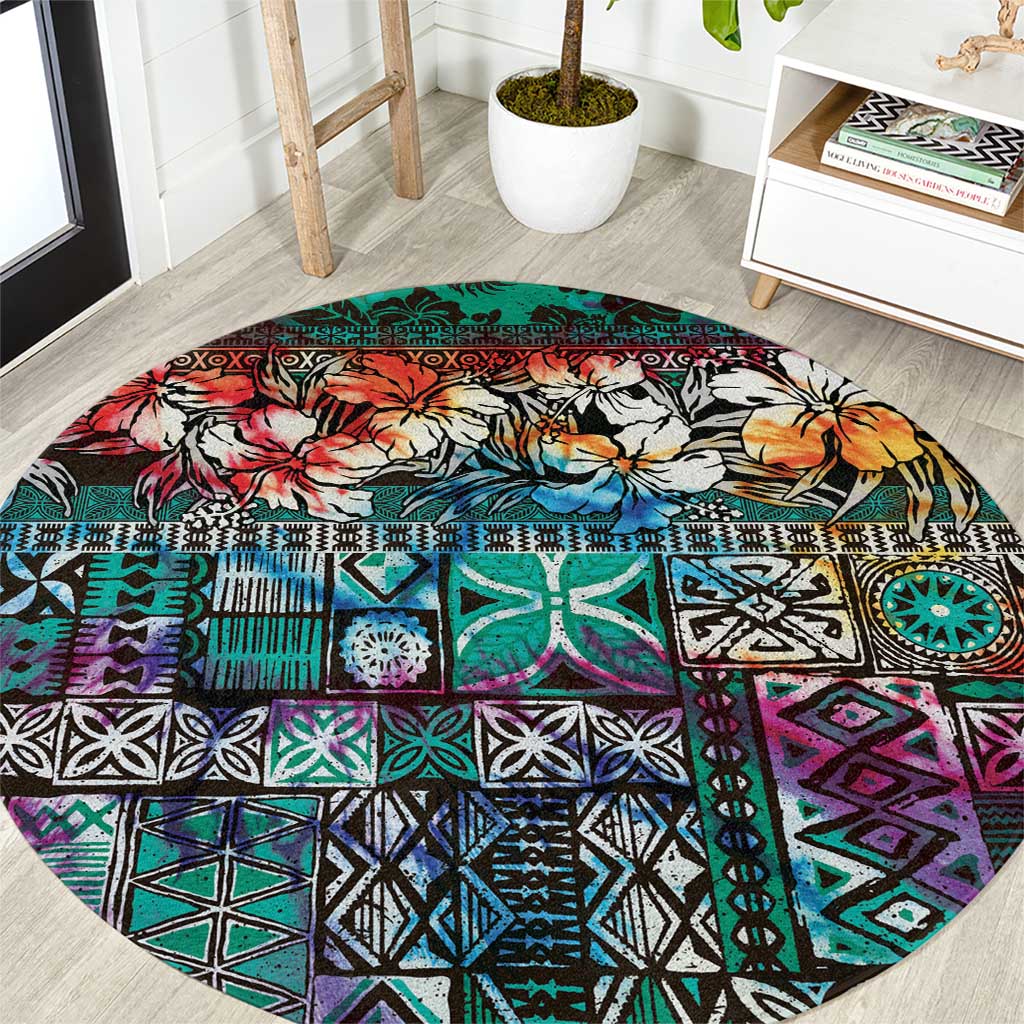 Pacific Hibiscus Tapa Tribal Vintage Round Carpet Turquoise Motif LT9 Turquoise - Polynesian Pride