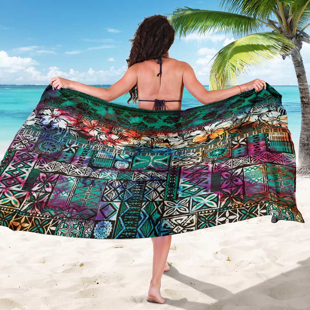 Pacific Hibiscus Tapa Tribal Vintage Sarong Turquoise Motif LT9 - Polynesian Pride