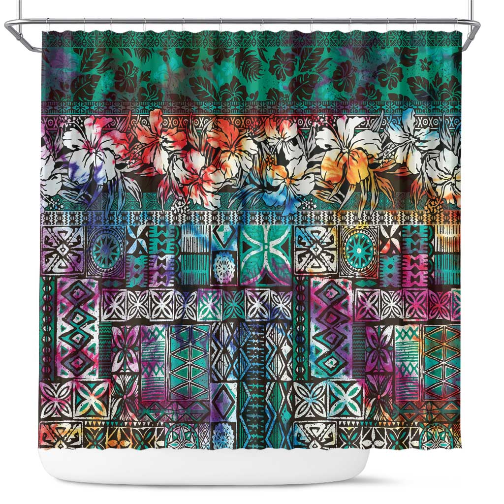 Pacific Hibiscus Tapa Tribal Vintage Shower Curtain Turquoise Motif LT9 Turquoise - Polynesian Pride
