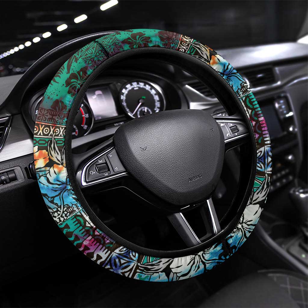 Pacific Hibiscus Tapa Tribal Vintage Steering Wheel Cover Turquoise Motif LT9 Universal Fit Turquoise - Polynesian Pride