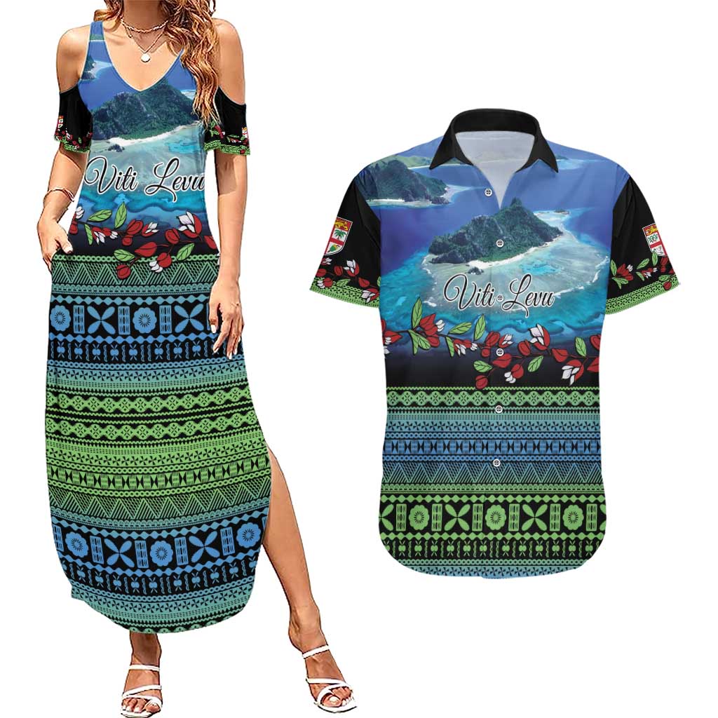 Personalised Fiji Viti Levu Couples Matching Summer Maxi Dress and Hawaiian Shirt Tagimoucia and Tapa Tribal Pattern