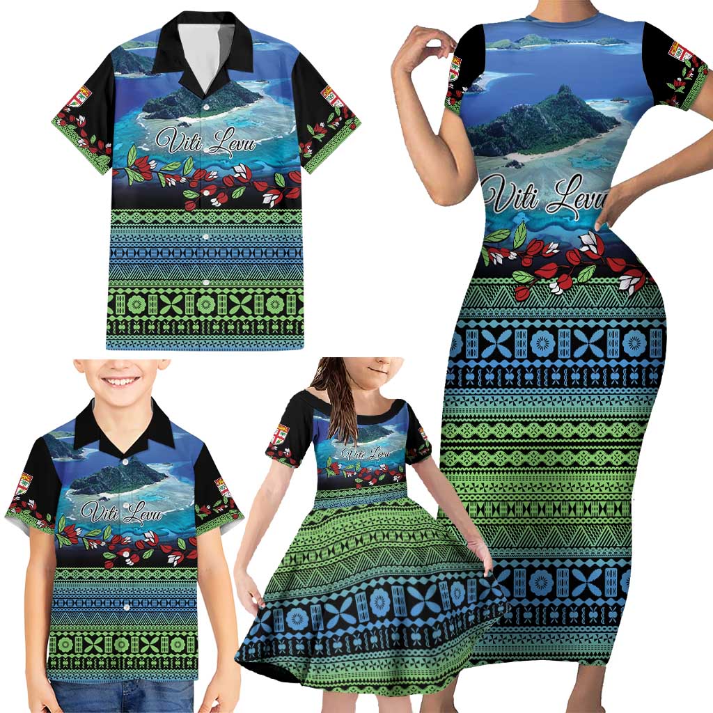 Personalised Fiji Viti Levu Family Matching Short Sleeve Bodycon Dress and Hawaiian Shirt Tagimoucia and Tapa Tribal Pattern