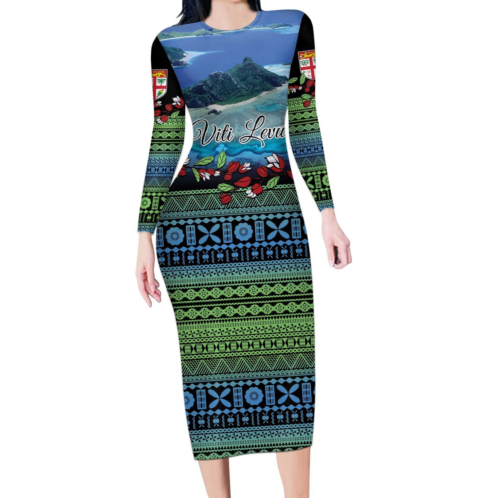 Personalised Fiji Viti Levu Long Sleeve Bodycon Dress Tagimoucia and Tapa Tribal Pattern LT9 Long Dress Blue - Polynesian Pride