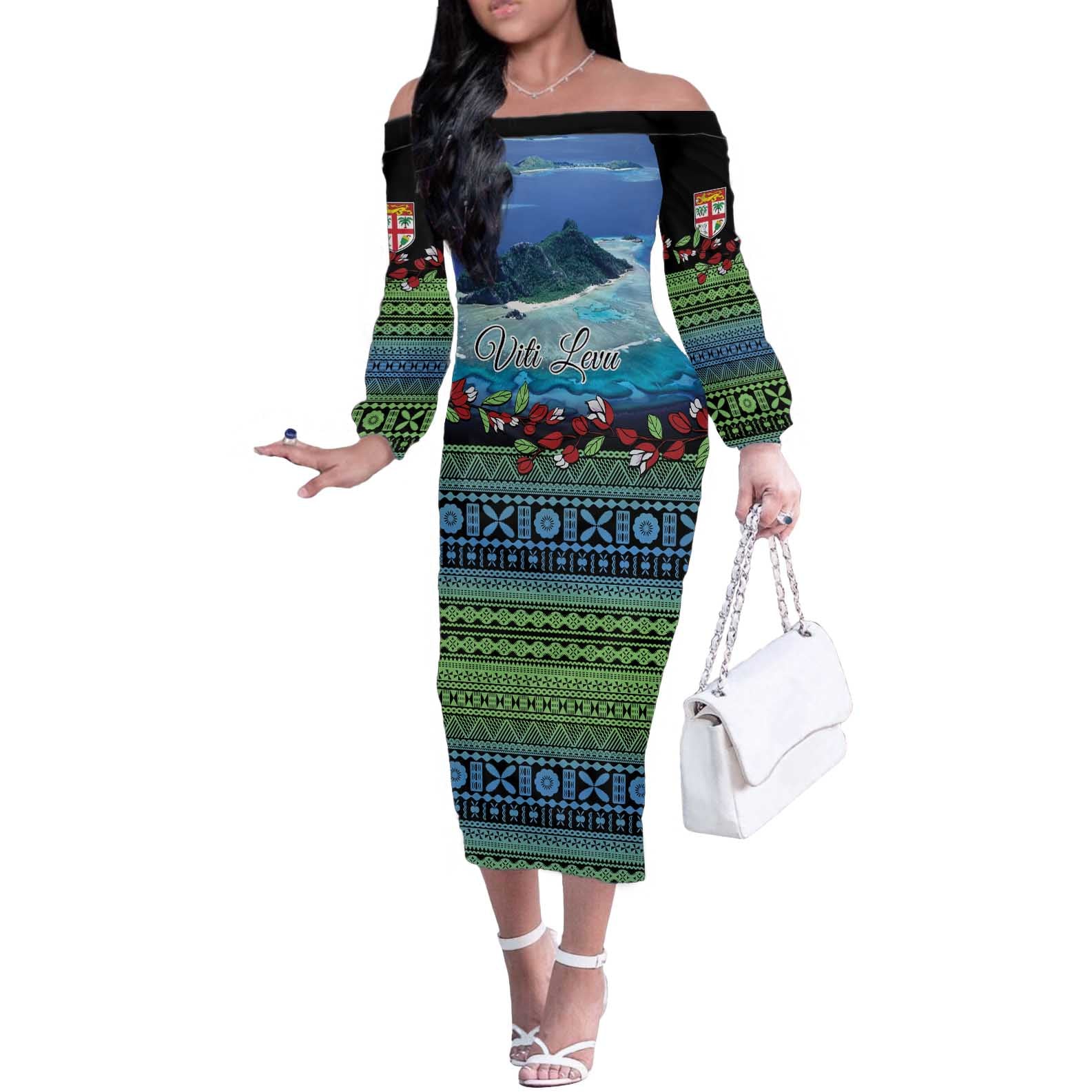 Personalised Fiji Viti Levu Off The Shoulder Long Sleeve Dress Tagimoucia and Tapa Tribal Pattern