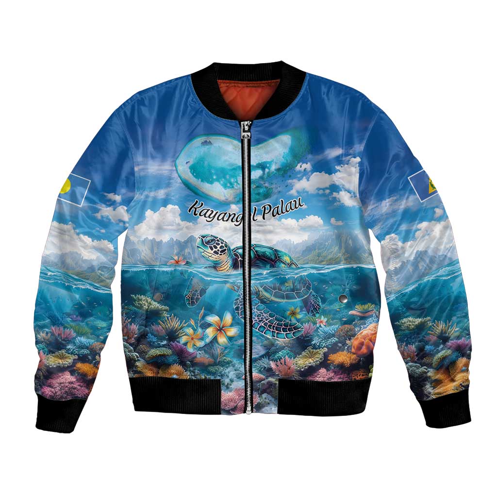 Personalised Palau Kayangel Atoll Bomber Jacket Turtle With Coral Reef Under Water LT9 Unisex Blue - Polynesian Pride