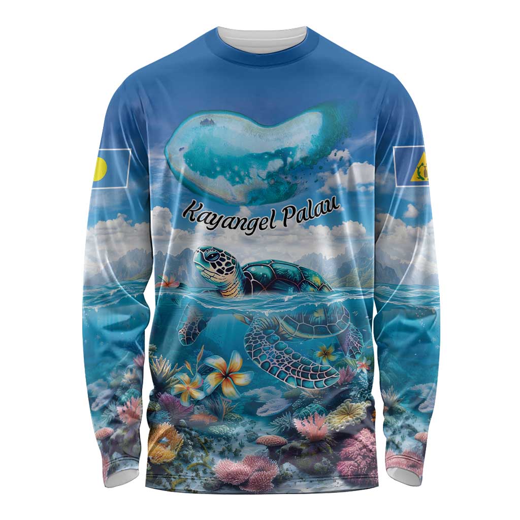 Personalised Palau Kayangel Atoll Long Sleeve Shirt Turtle With Coral Reef Under Water LT9 Unisex Blue - Polynesian Pride