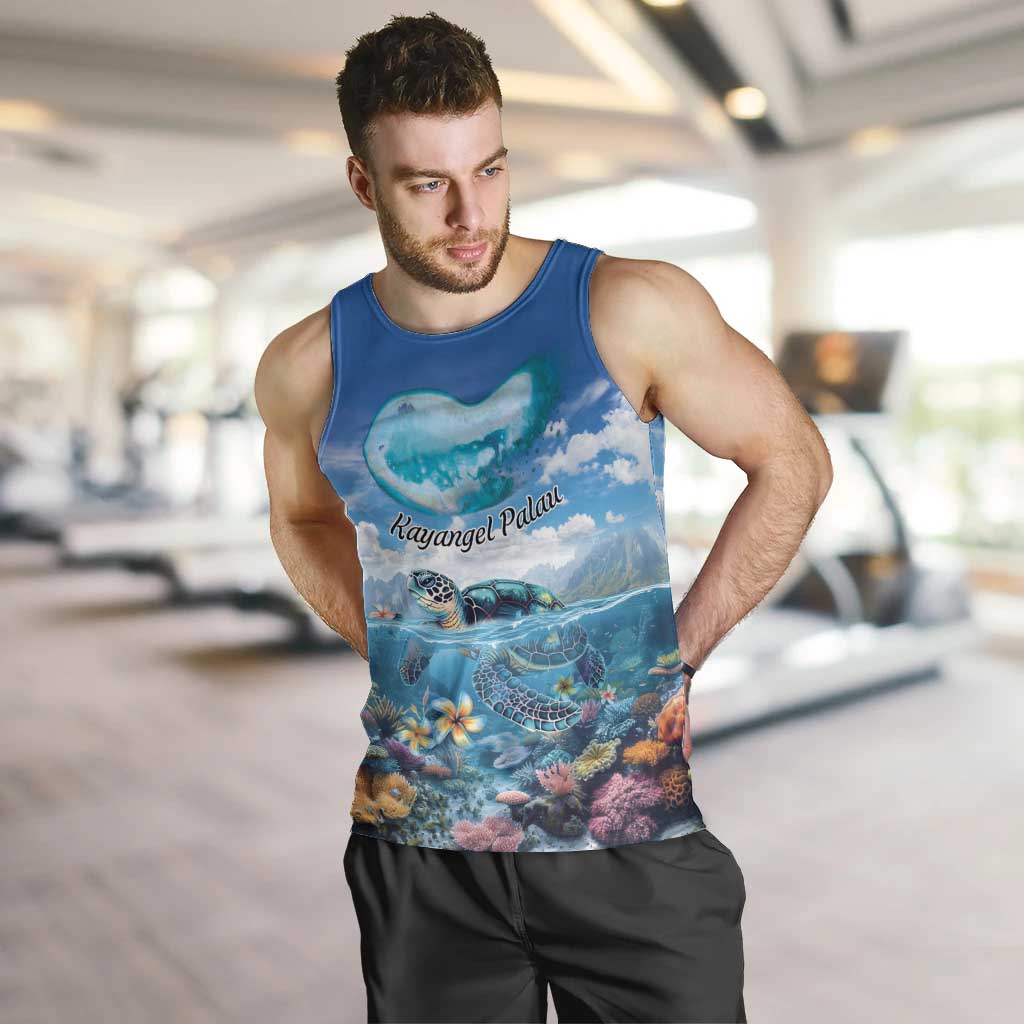 Personalised Palau Kayangel Atoll Men Tank Top Turtle With Coral Reef Under Water LT9 Blue - Polynesian Pride