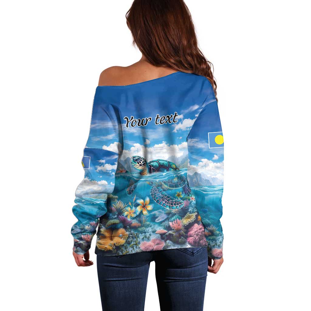 Personalised Palau Kayangel Atoll Off Shoulder Sweater Turtle With Coral Reef Under Water LT9 - Polynesian Pride