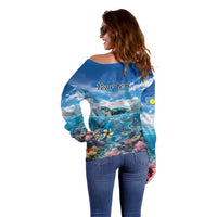 Personalised Palau Kayangel Atoll Off Shoulder Sweater Turtle With Coral Reef Under Water LT9 - Polynesian Pride