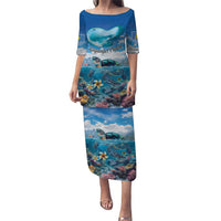 Personalised Palau Kayangel Atoll Puletasi Turtle With Coral Reef Under Water LT9 Long Dress Blue - Polynesian Pride