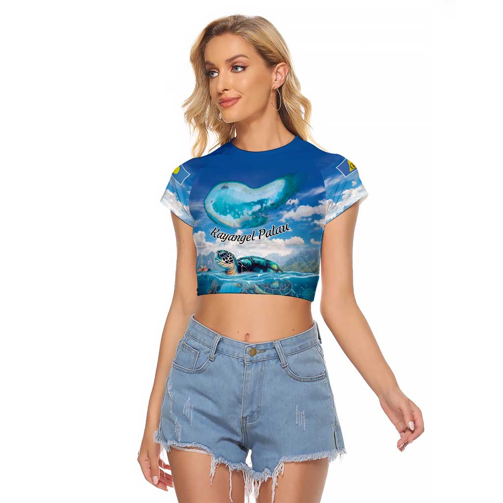 Personalised Palau Kayangel Atoll Raglan Cropped T Shirt Turtle With Coral Reef Under Water LT9 Female Blue - Polynesian Pride