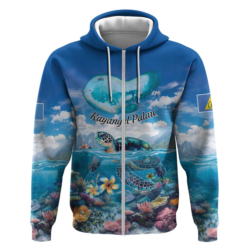 Personalised Palau Kayangel Atoll Zip Hoodie Turtle With Coral Reef Under Water LT9 Zip Hoodie Blue - Polynesian Pride