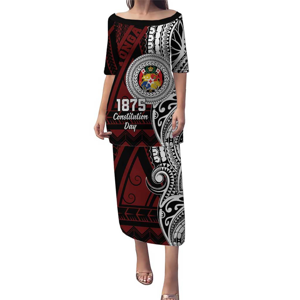 Personalised Tonga Constitution Day 1875 Puletasi Polynesian Tribal Tattoo LT9 Long Dress Red - Polynesian Pride