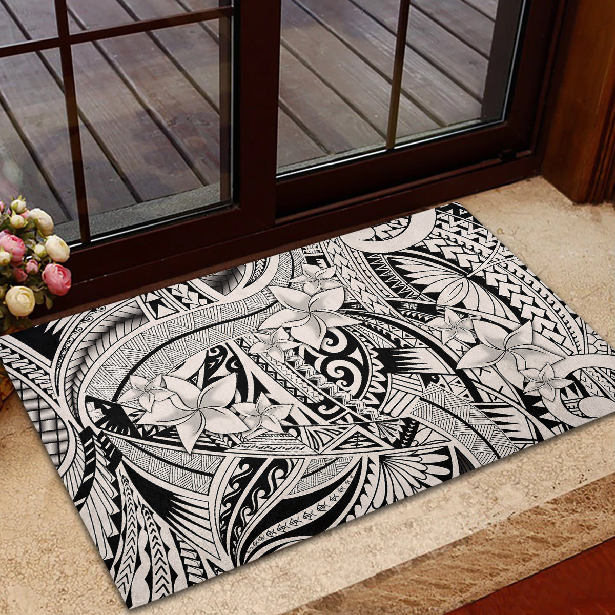Polynesia Rubber Doormat Tribal Polynesian Spirit With Beige Pacific Flowers LT9 - Polynesian Pride