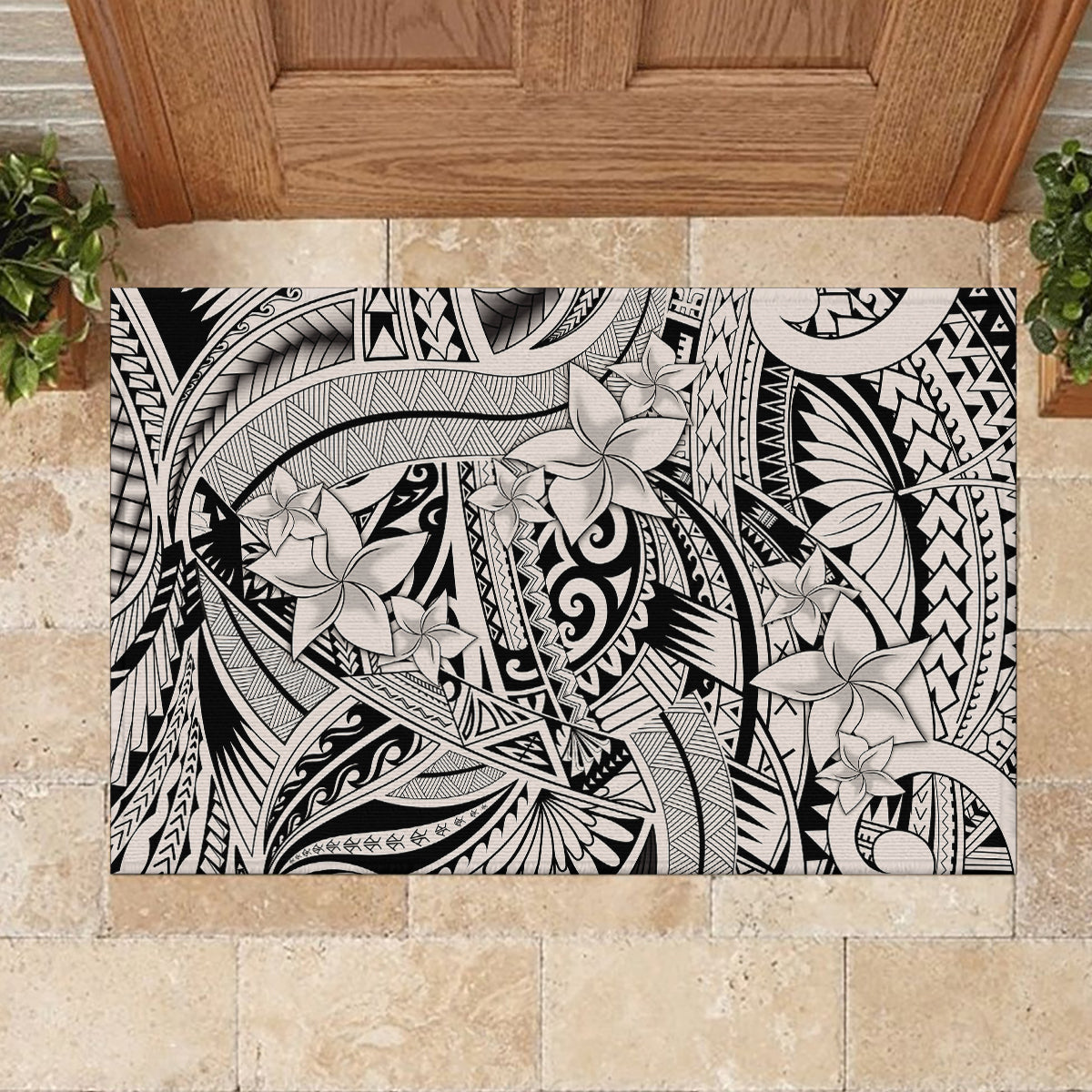Polynesia Rubber Doormat Tribal Polynesian Spirit With Beige Pacific Flowers LT9 - Polynesian Pride