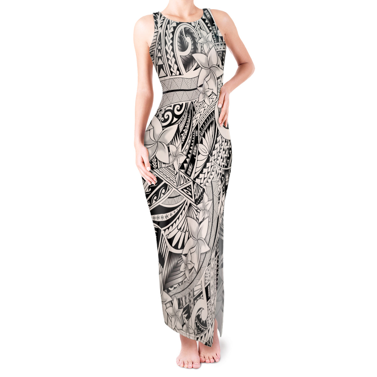 Polynesia Tank Maxi Dress Tribal Polynesian Spirit With Beige Pacific Flowers LT9 Women Beige - Polynesian Pride