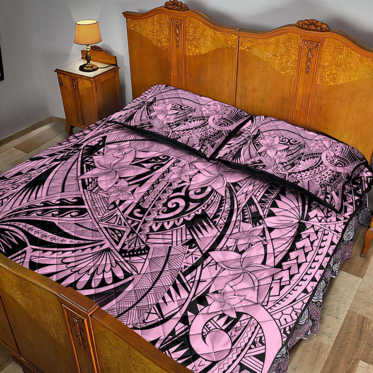 Polynesia Quilt Bed Set Tribal Polynesian Spirit With Pink Pacific Flowers LT9 - Polynesian Pride